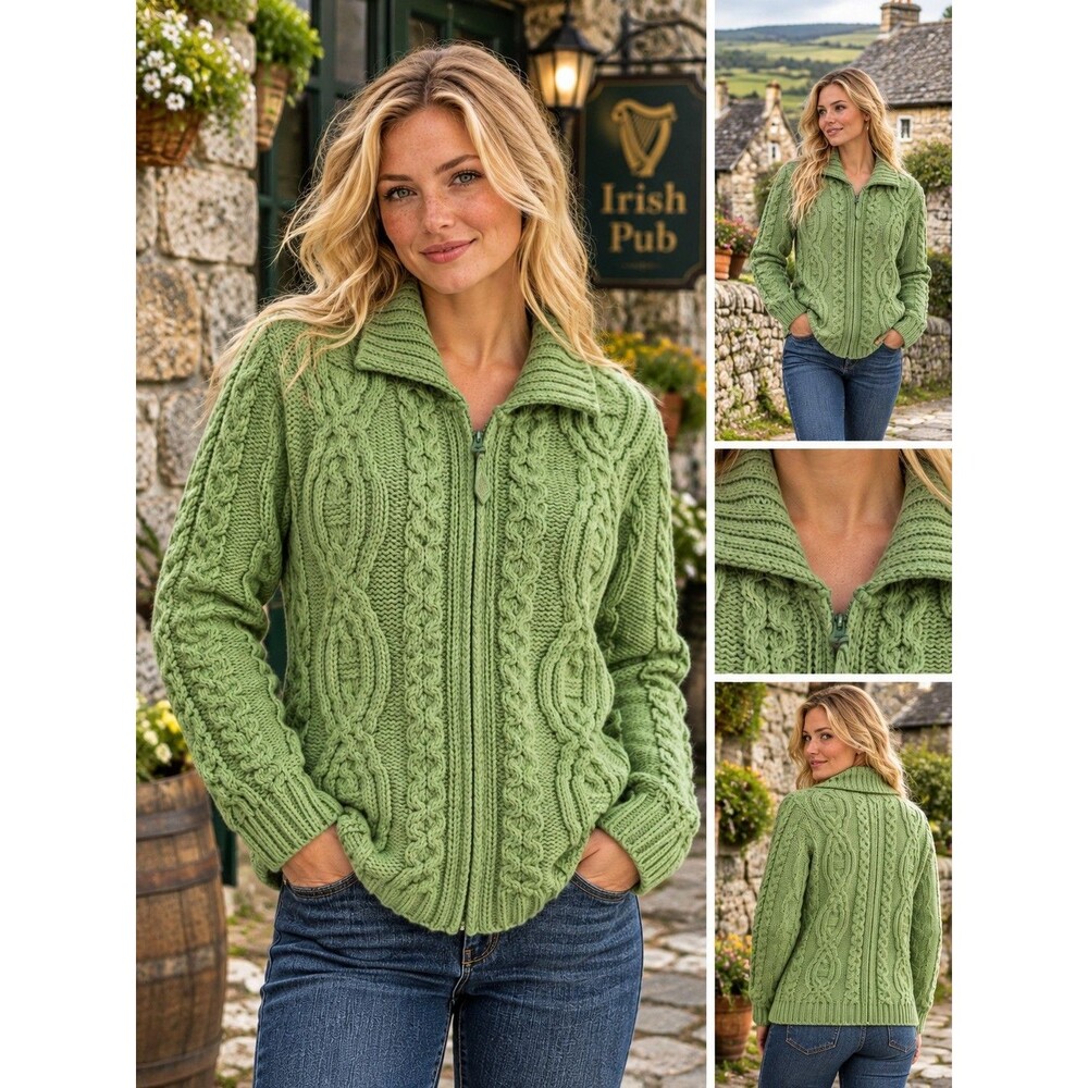 Aran Crafts Ireland Merino Wool Hooded Zip Cardigan Mint Green Small